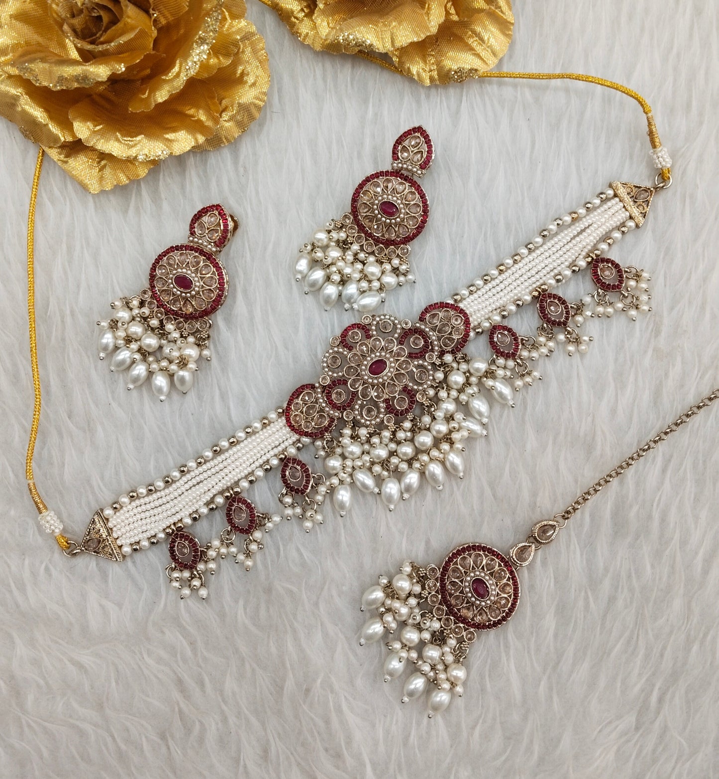 Maroon Antique Gold Choker Jewellery Monte Set