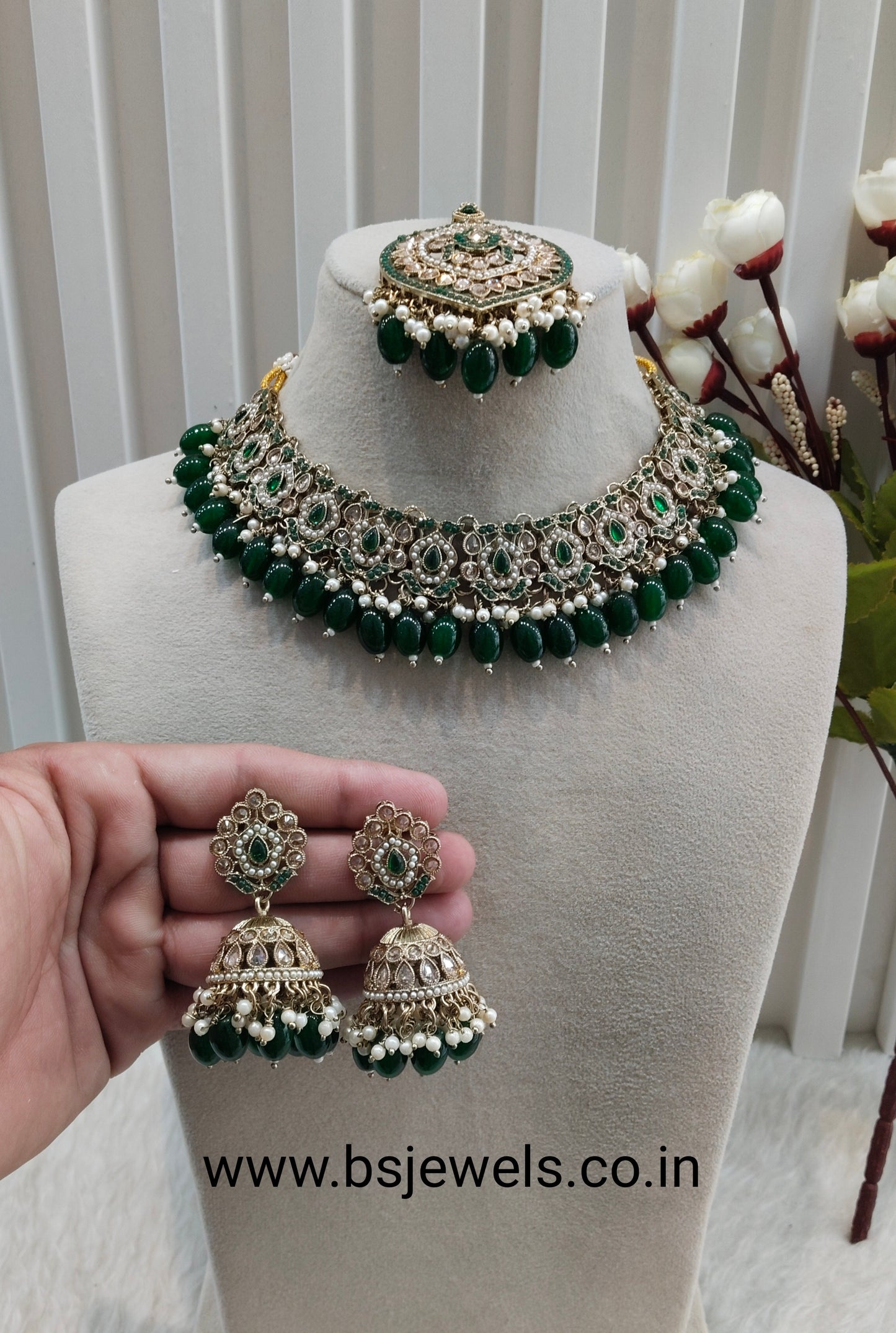Green Antique Gold Necklace Pakistani Jewellery  Carlo Set