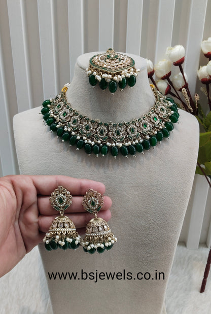 Green Antique Gold Necklace Pakistani Jewellery  Carlo Set
