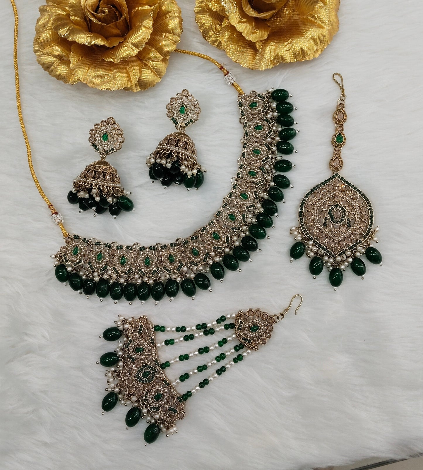 Green Antique Gold Necklace Pakistani Jewellery  Carlo Set