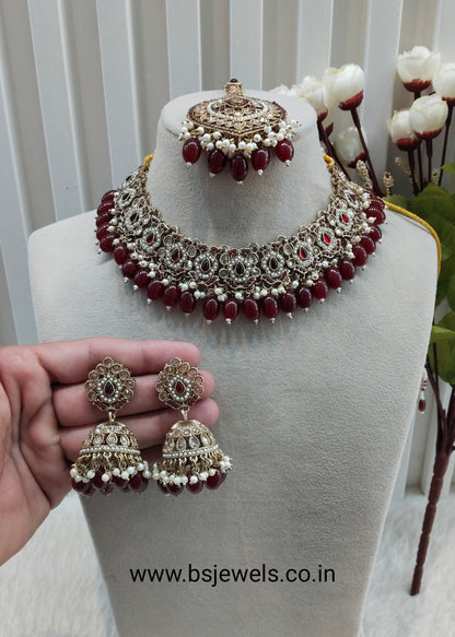 Maroon Antique Gold Necklace Pakistani Jewellery Carlo Set