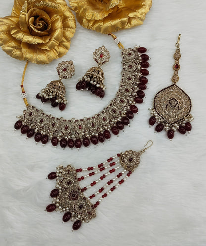 Maroon Antique Gold Necklace Pakistani Jewellery Carlo Set