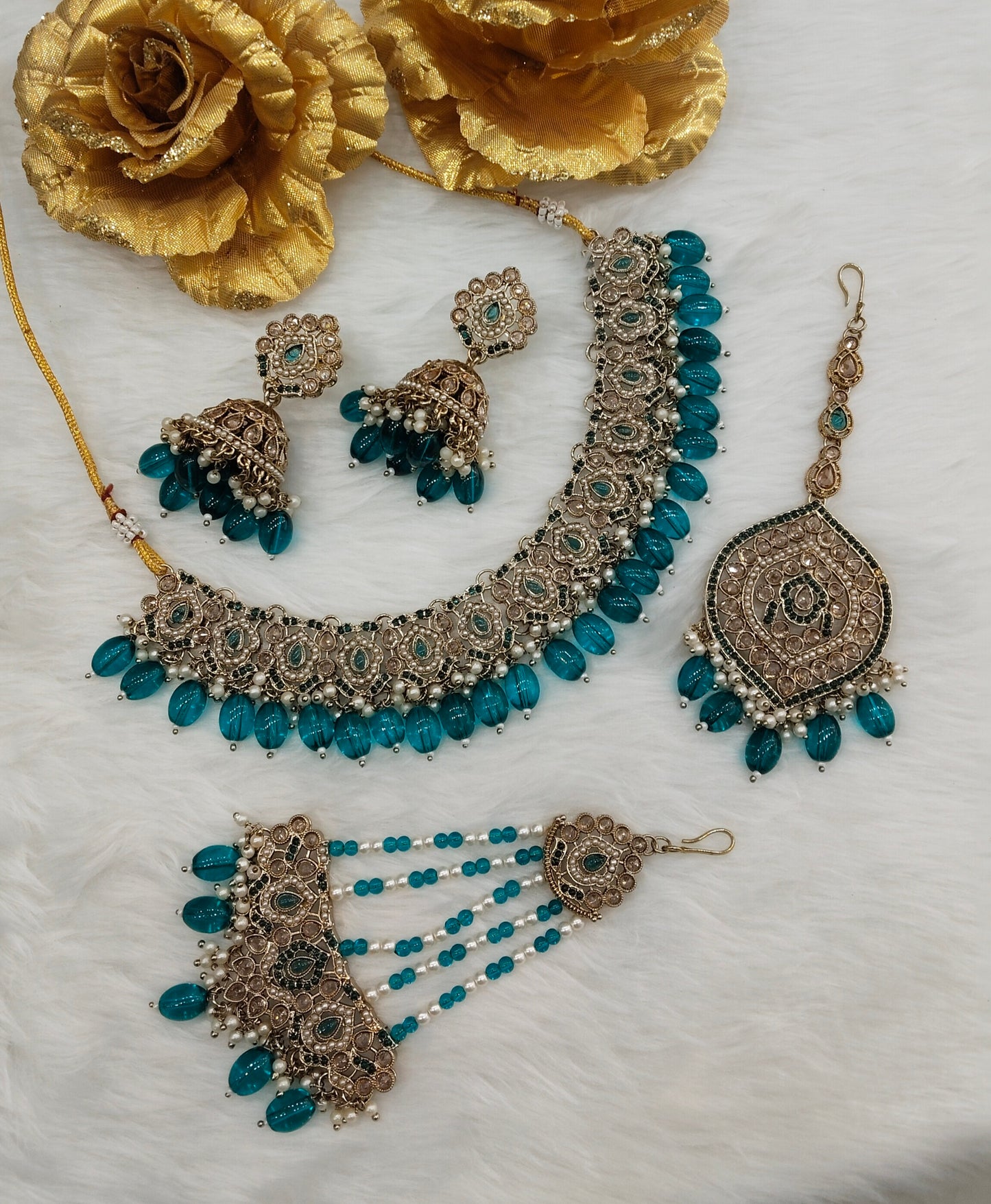 Rama Green Antique Gold Necklace Pakistani Jewellery Carlo Set