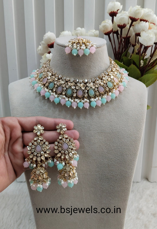 Mint Pink Antique Gold Kundan Necklace Jewellery Babli Set