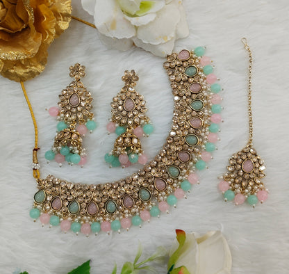 Mint Pink Antique Gold Kundan Necklace Jewellery Babli Set