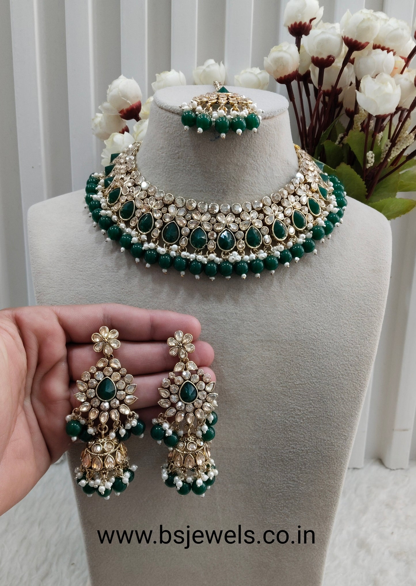 Green Antique Gold Kundan Necklace Jewellery Babli Set
