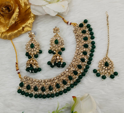 Green Antique Gold Kundan Necklace Jewellery Babli Set