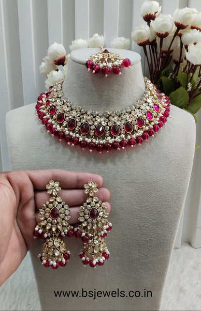 Majenta Antique Gold Kundan Necklace Jewellery Babli Set