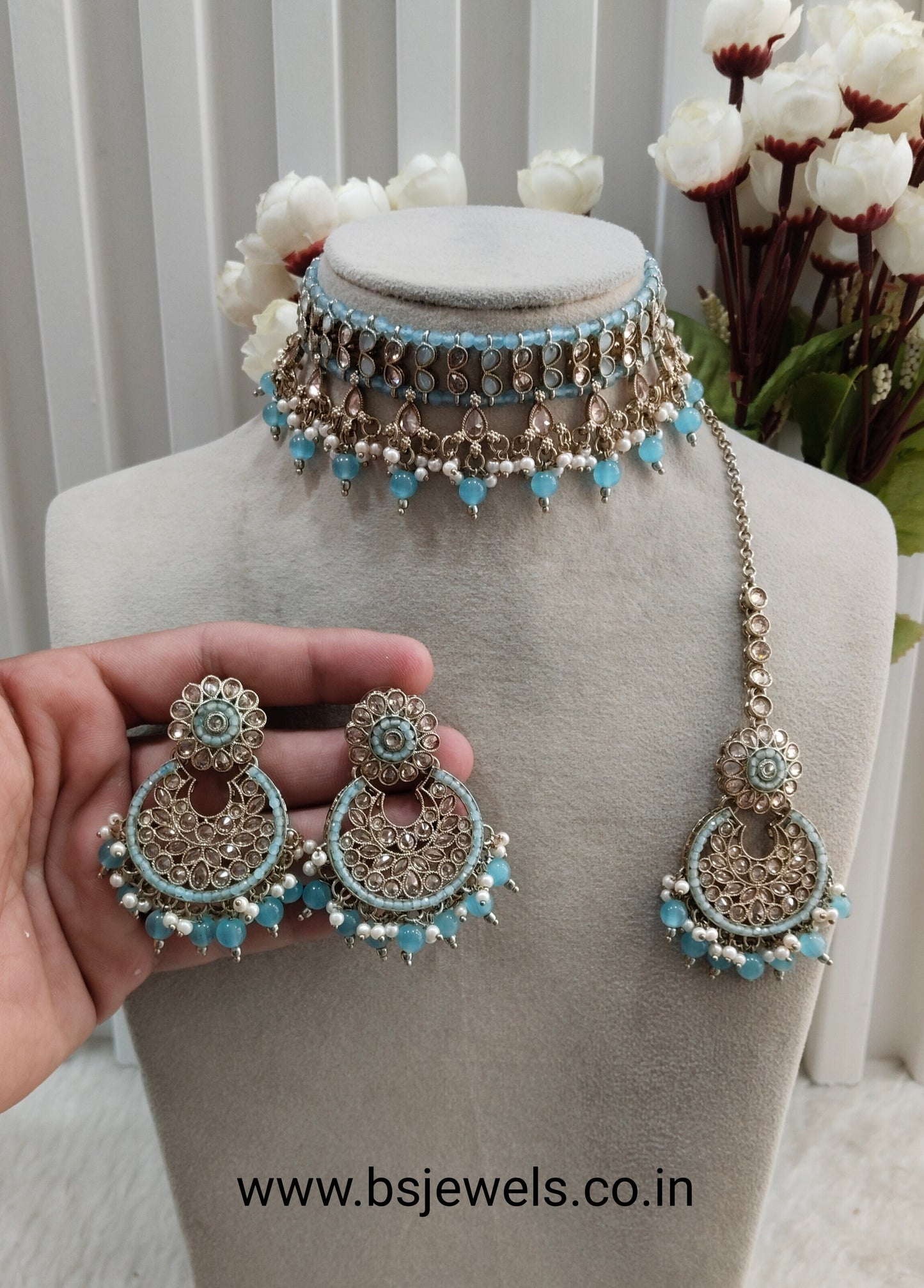 Sea Green Antique Gold Choker Jewellery Babli Set