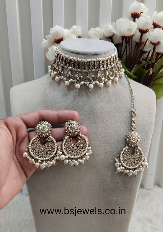 White Antique Gold Choker Jewellery Babli Set