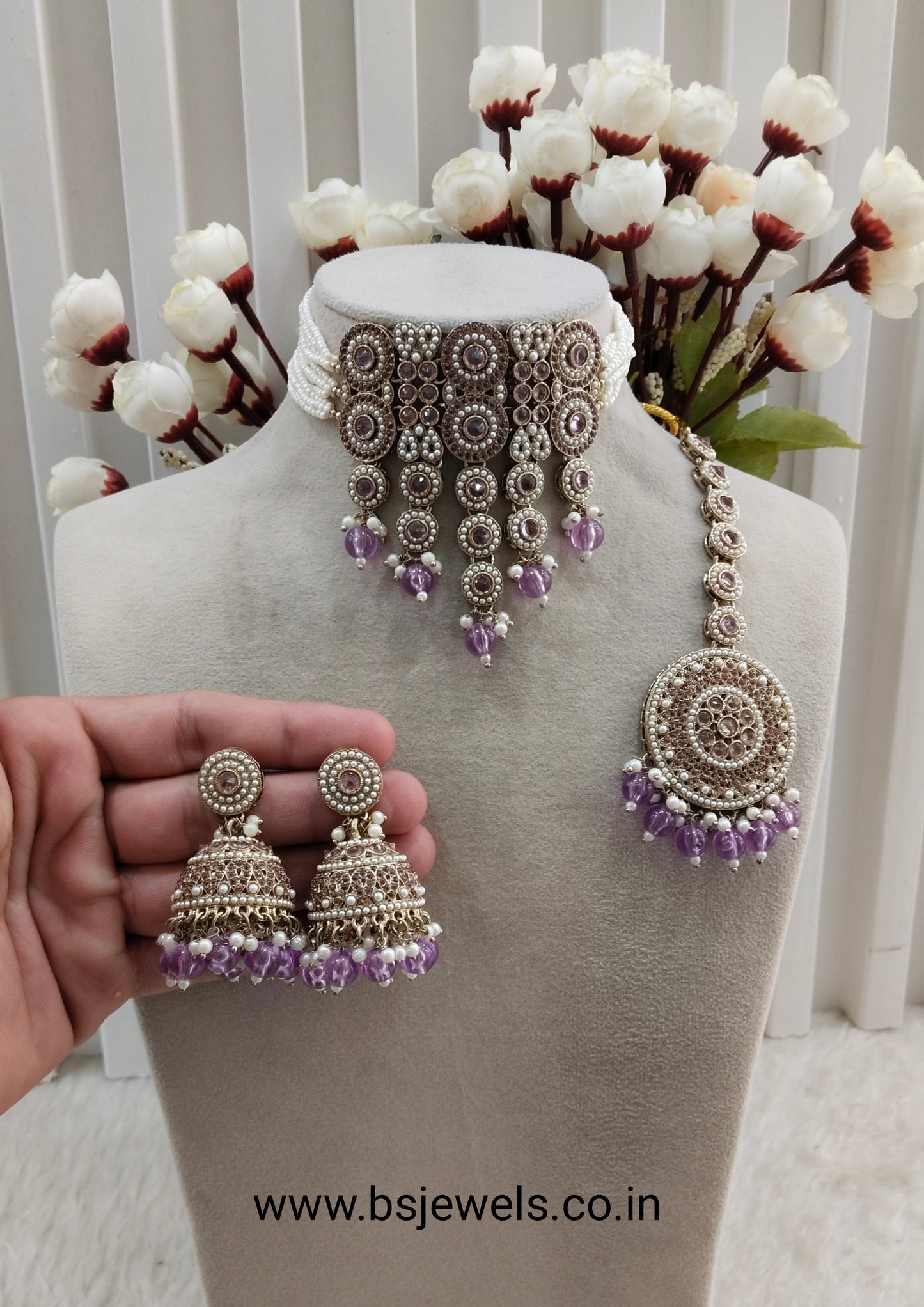 Lavender Antique Gold Choker Jewellery Babli Set