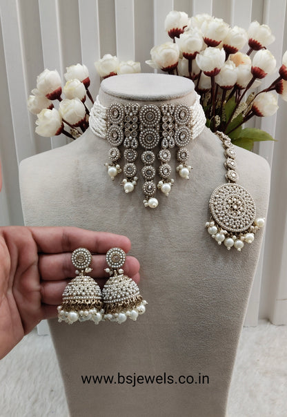 White Antique Gold Choker Jewellery Babli Set