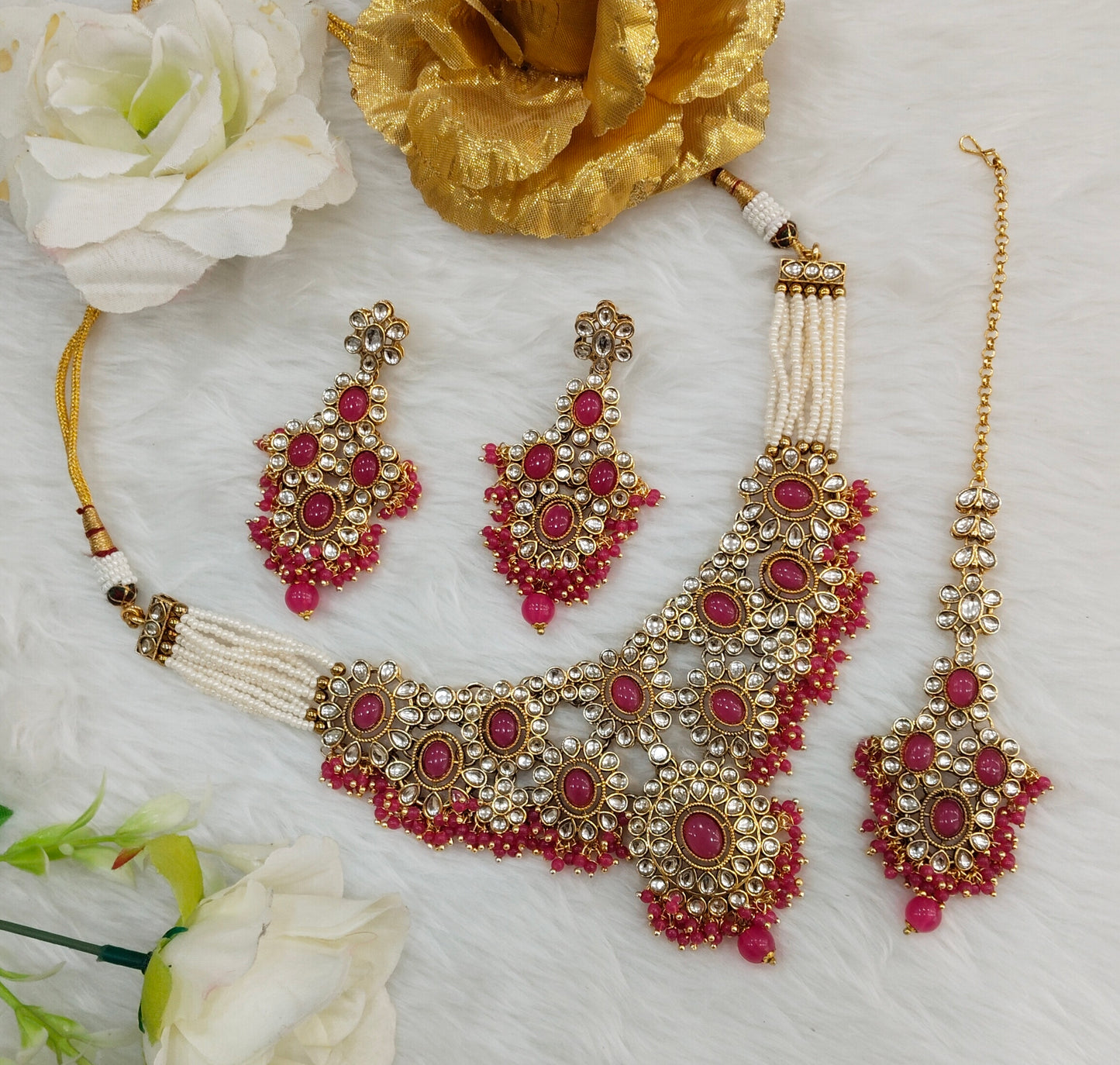 Rani Pink Gold Kundan Necklace Jewellery Ritika Set