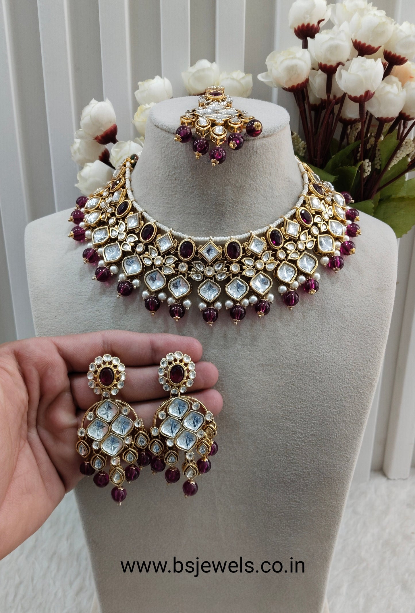 Purple Gold Kundan Necklace Jewellery Rishi Set