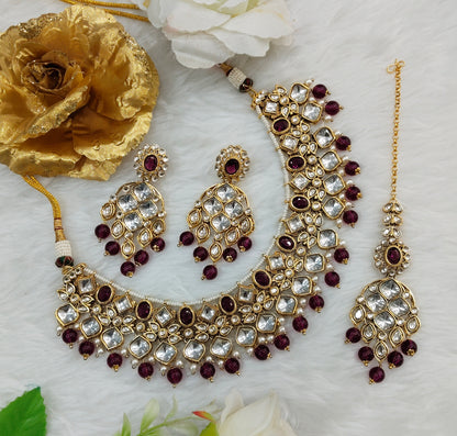 Purple Gold Kundan Necklace Jewellery Rishi Set
