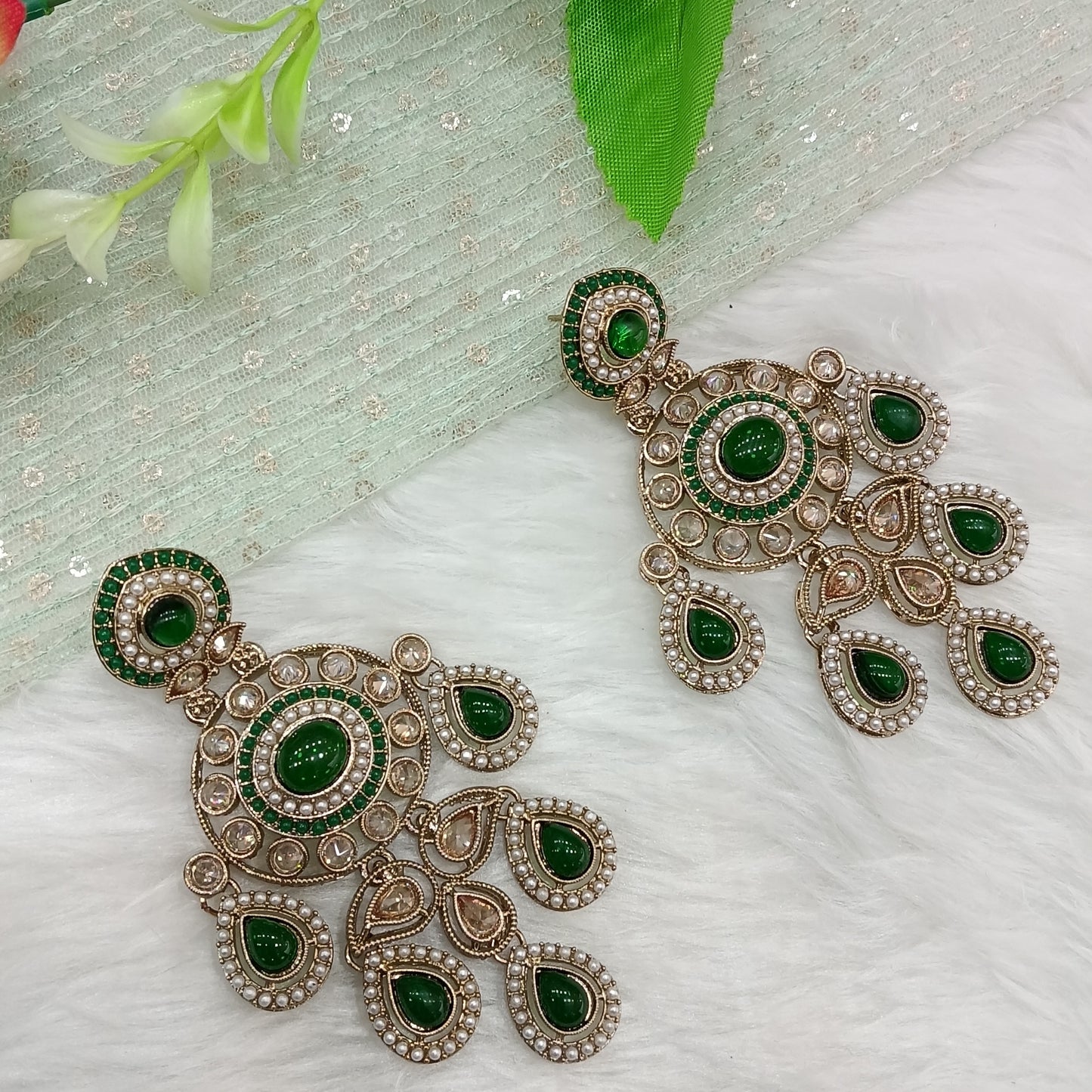 Green Antique Gold Bollywood Suresh Earrings