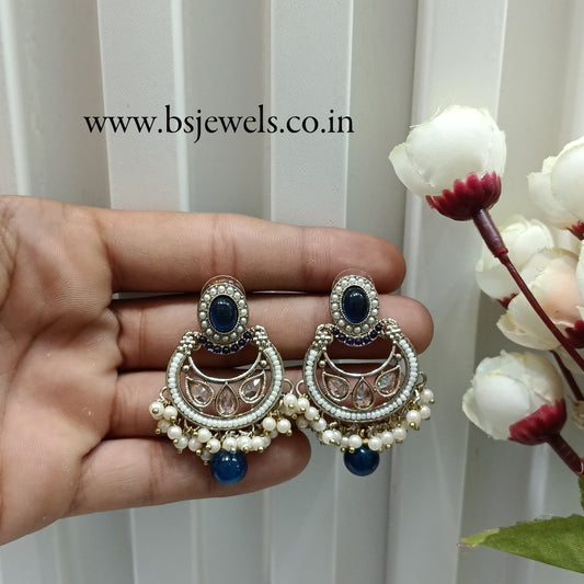 White Blue Antique Gold Bollywood Raina Earrings