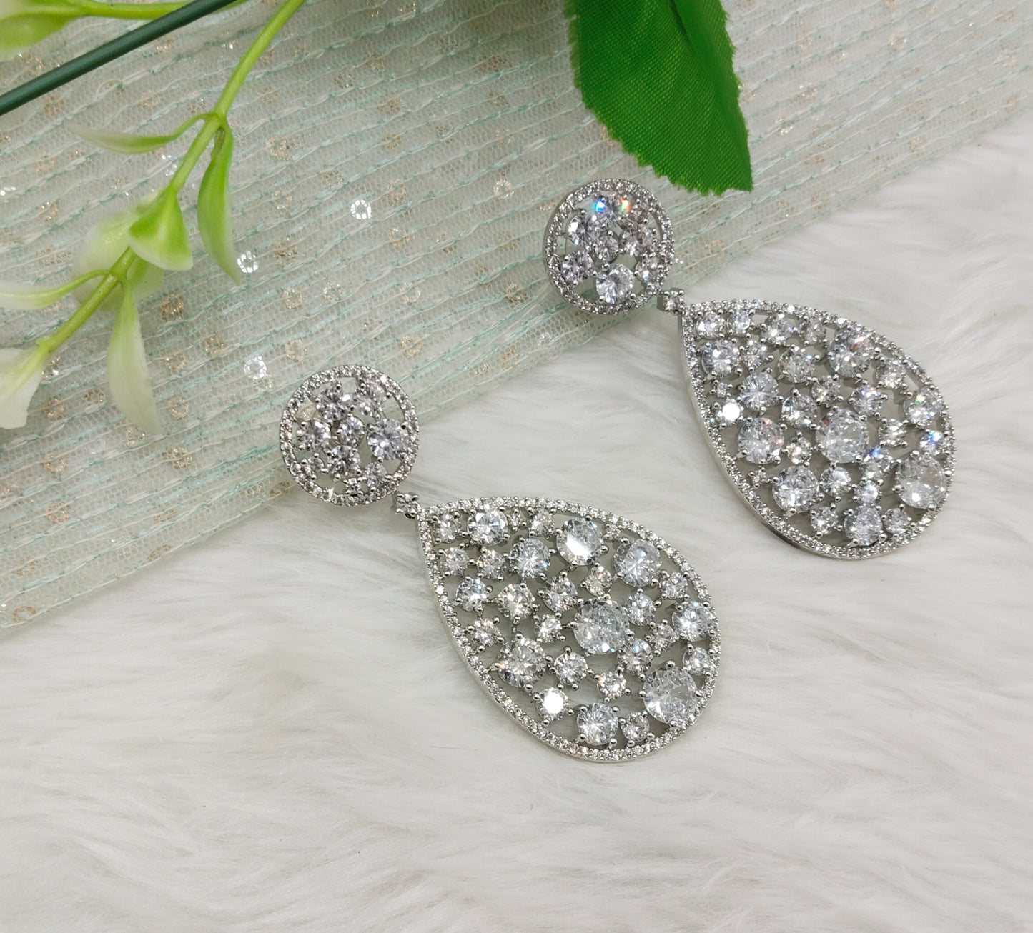 White Silver Cz American Diamond Earrings Anushka Jewellery