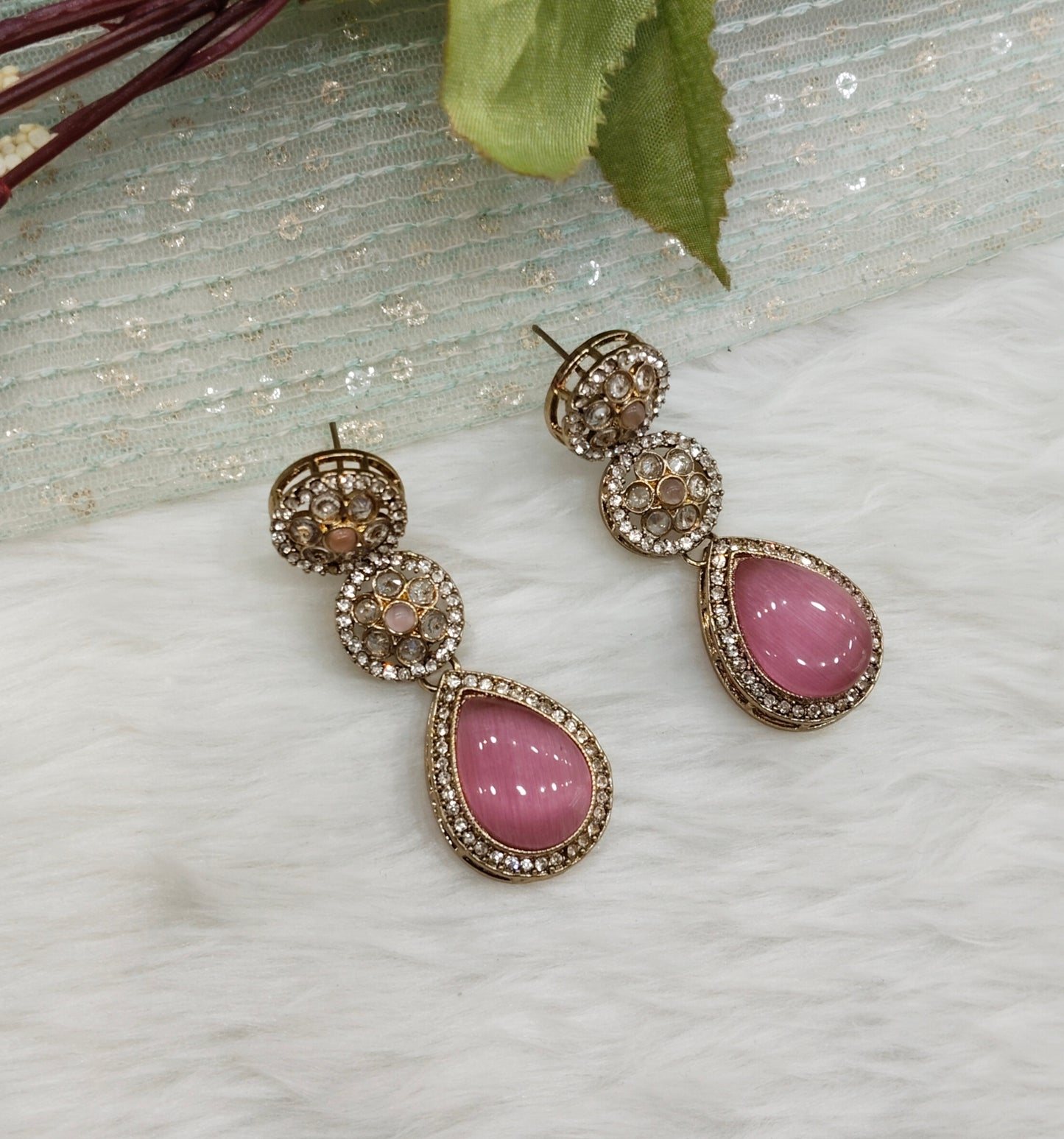 Pink Antique Gold Bollywood Salt Earrings