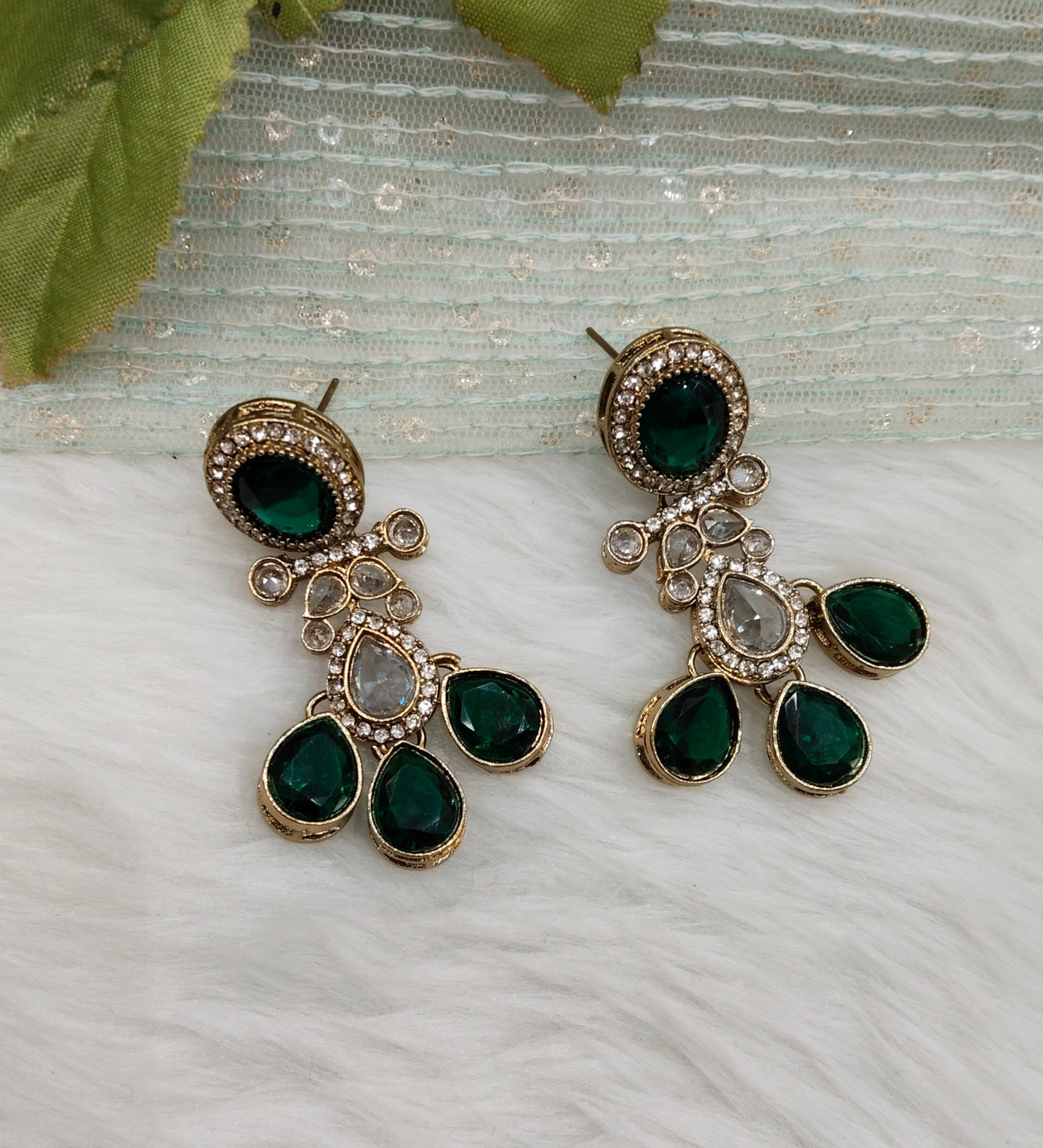 Green Antique Gold Bollywood Salt Earrings