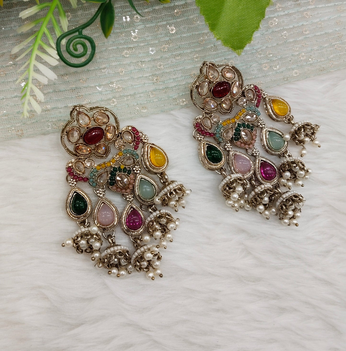 Multi Color Antique Gold Bollywood Hooda Earrings