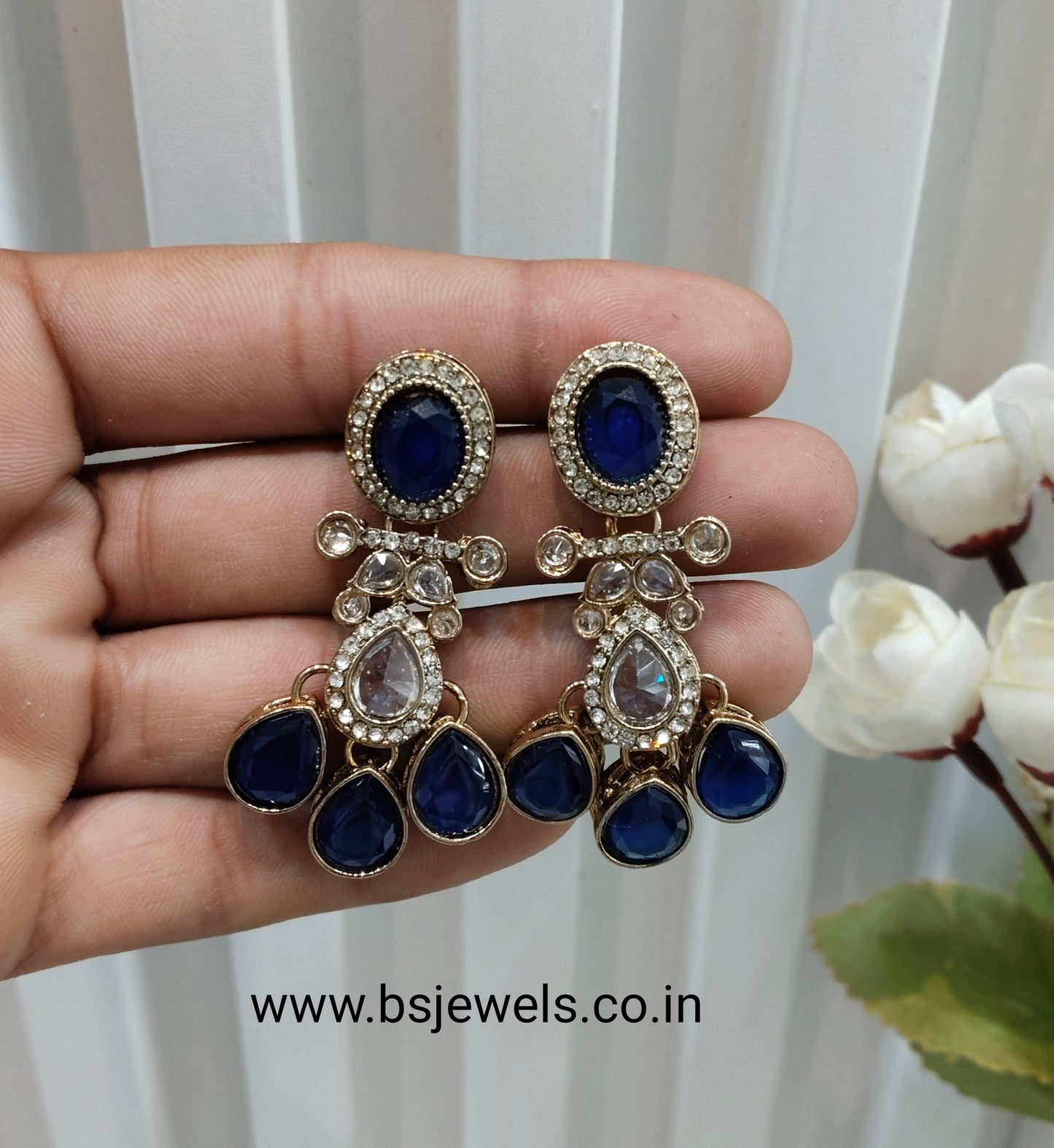 Blue Antique Gold Bollywood Salt Earrings