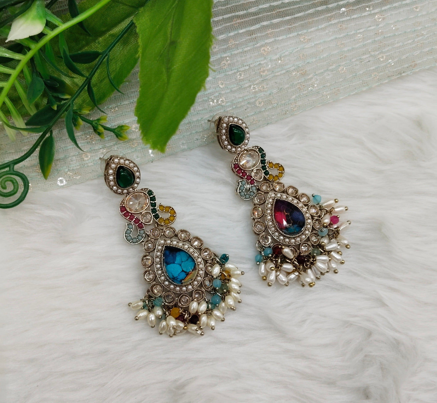 Multi Color Antique Gold Bollywood Dhoni Earrings