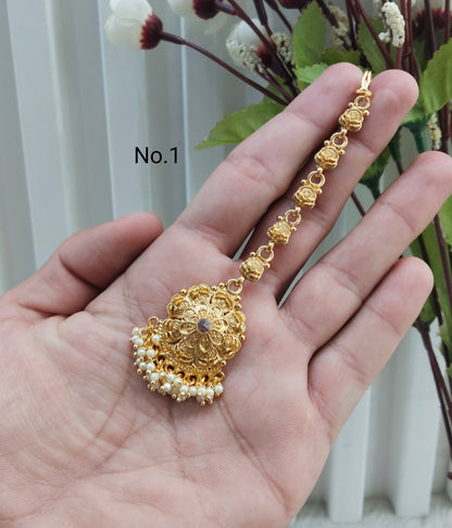 Gold polki and Antique Gold Tikka Jewellery Headpiece Set