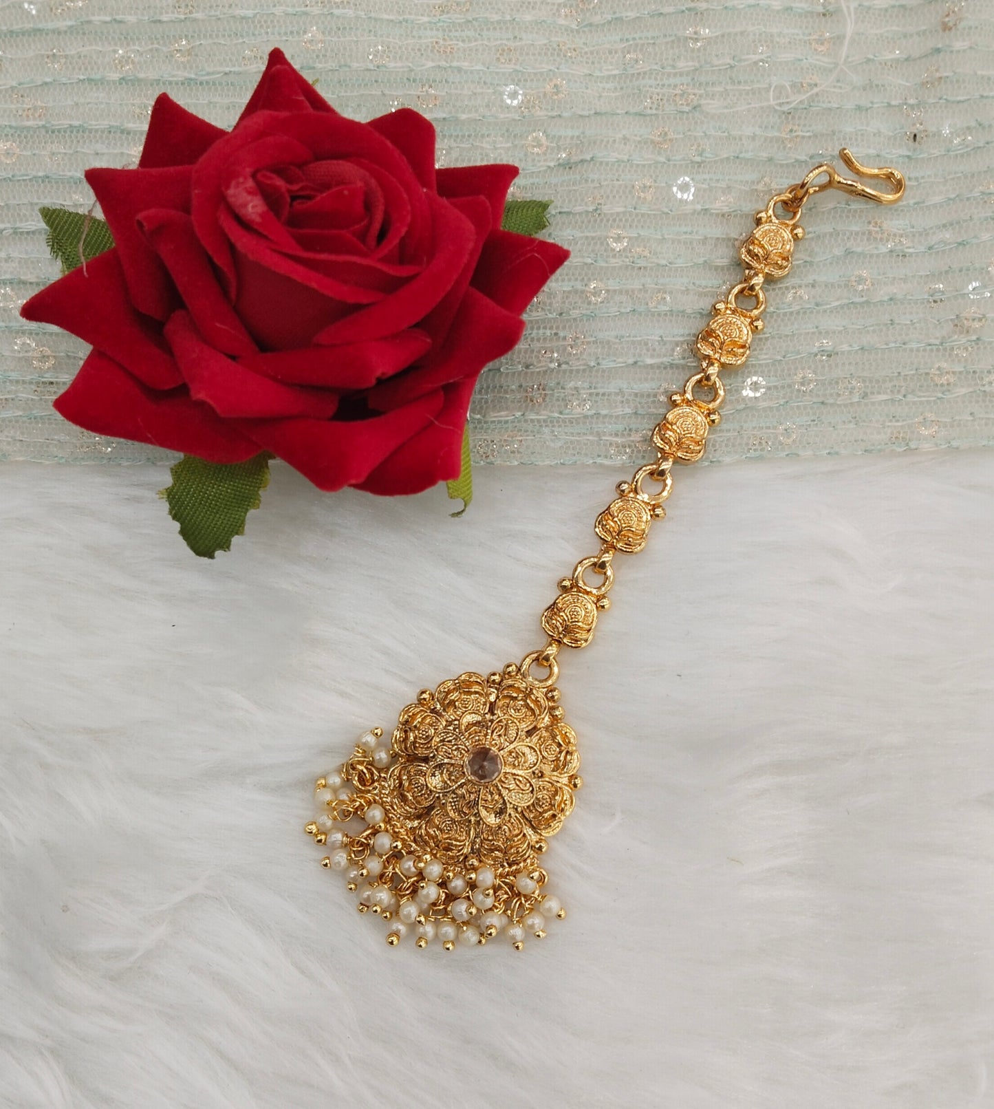 Gold polki and Antique Gold Tikka Jewellery Headpiece Set