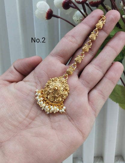 Gold polki and Antique Gold Tikka Jewellery Headpiece Set