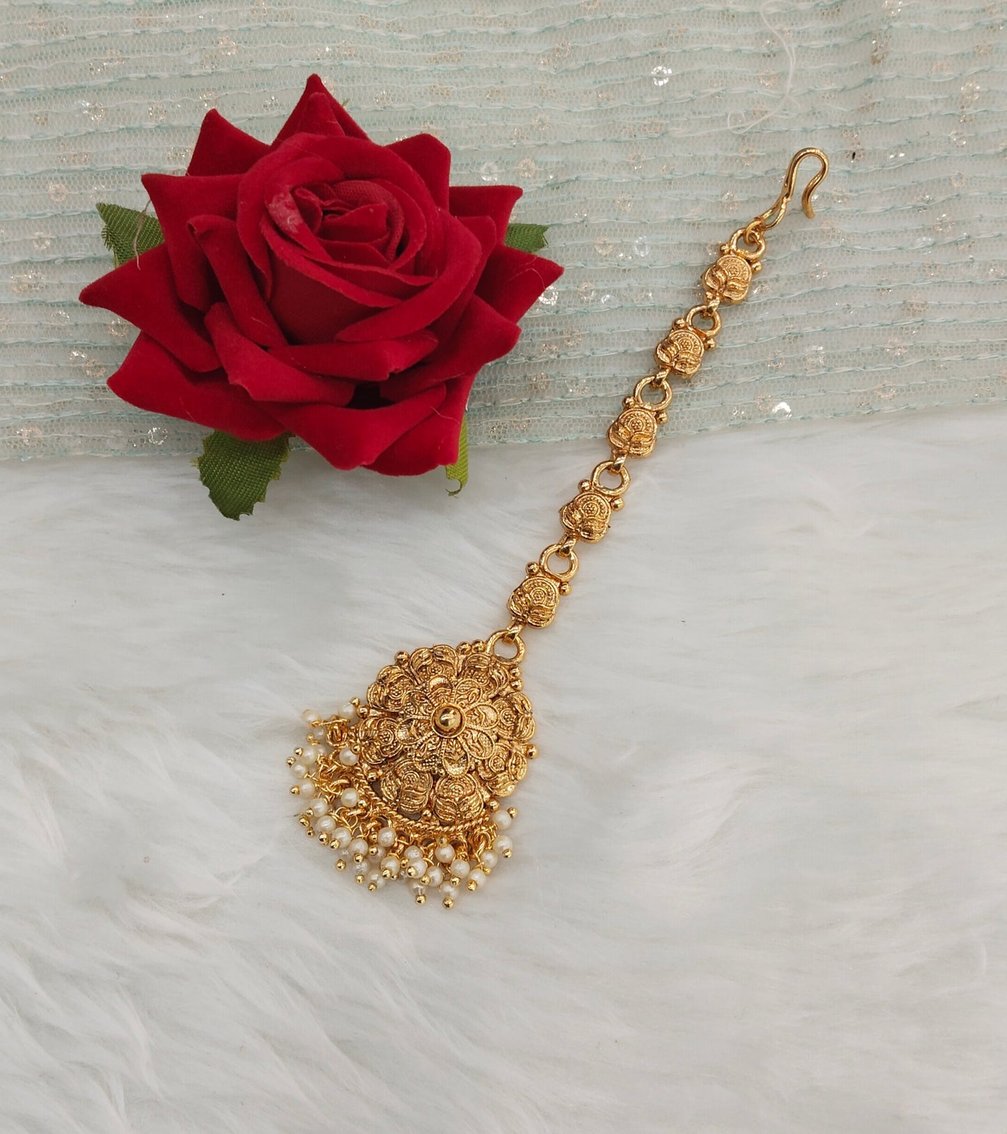 Gold polki and Antique Gold Tikka Jewellery Headpiece Set