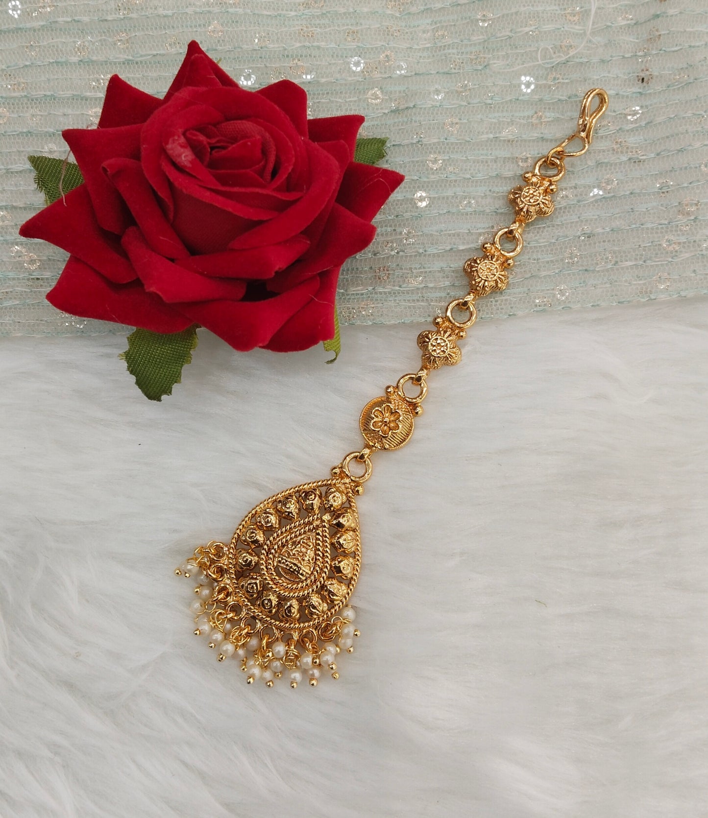 Gold polki and Antique Gold Tikka Jewellery Headpiece Set