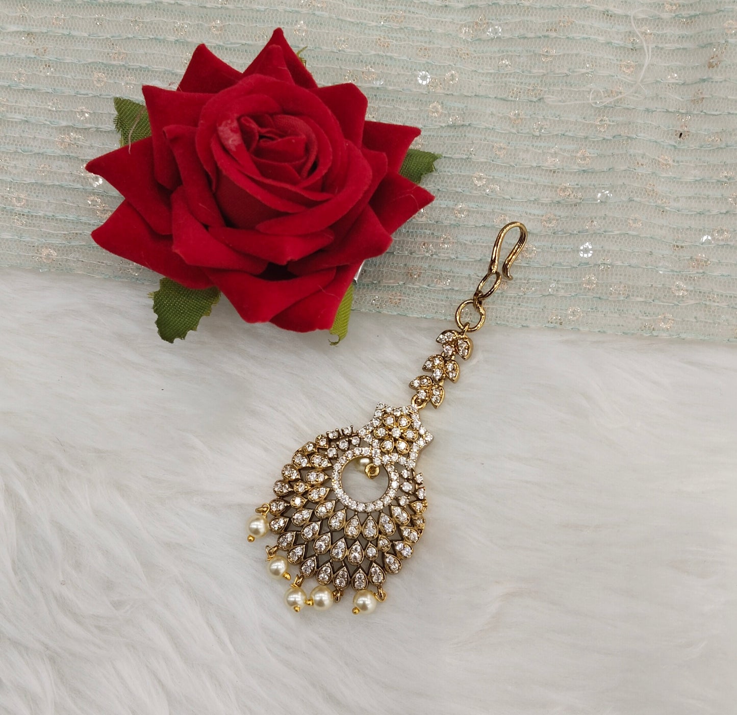 Gold polki and Antique Gold Tikka Jewellery Headpiece Set