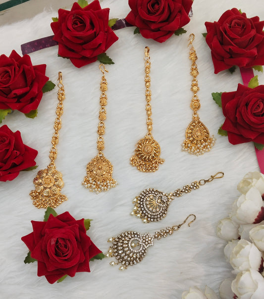Gold polki and Antique Gold Tikka Jewellery Headpiece Set