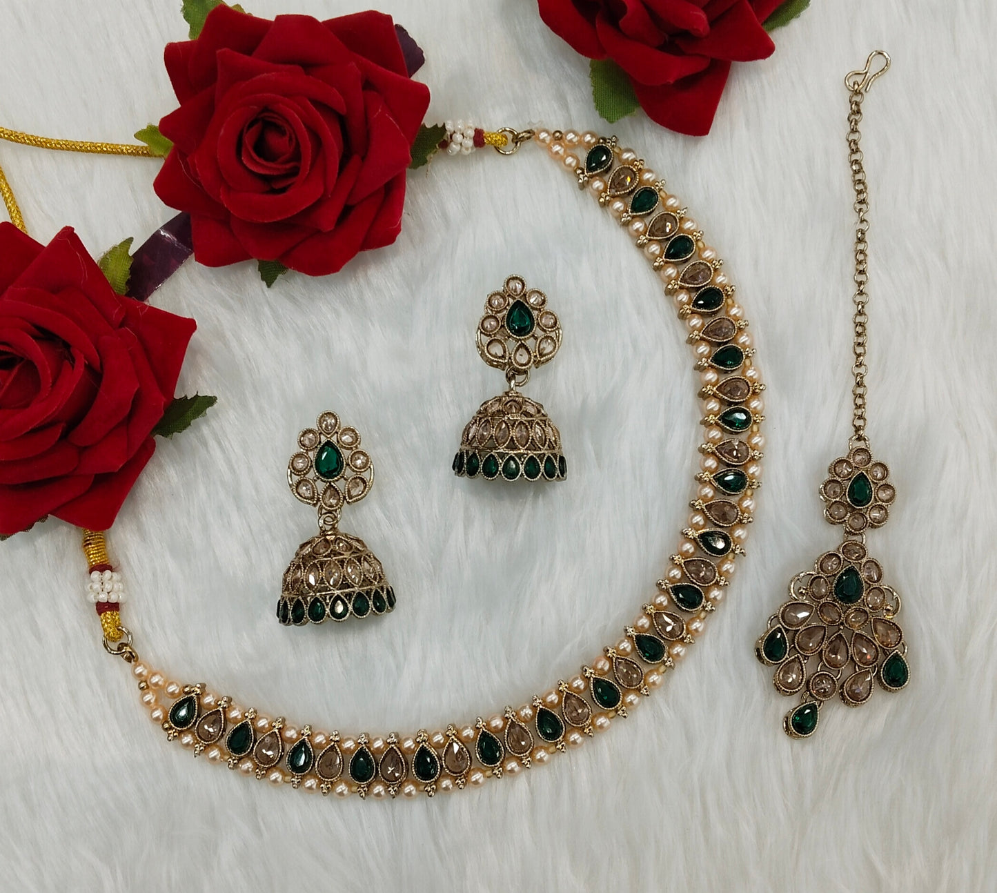 Green Antique Gold Necklace Jewellery Nitish Set