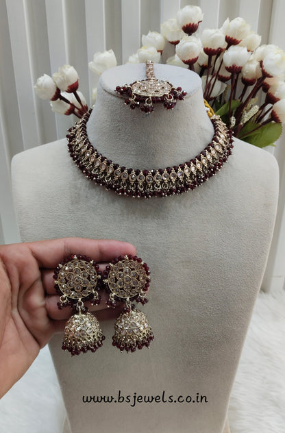 Maroon Antique Gold Necklace Jewellery Naman Set