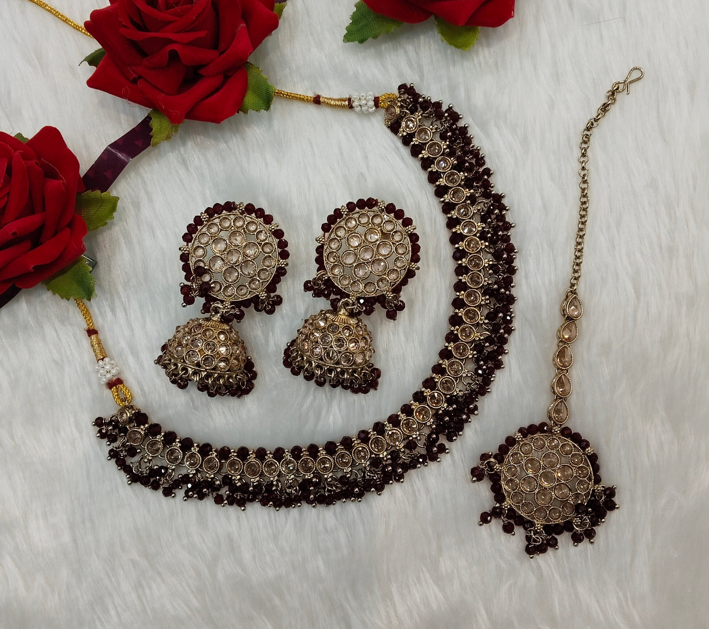 Maroon Antique Gold Necklace Jewellery Naman Set