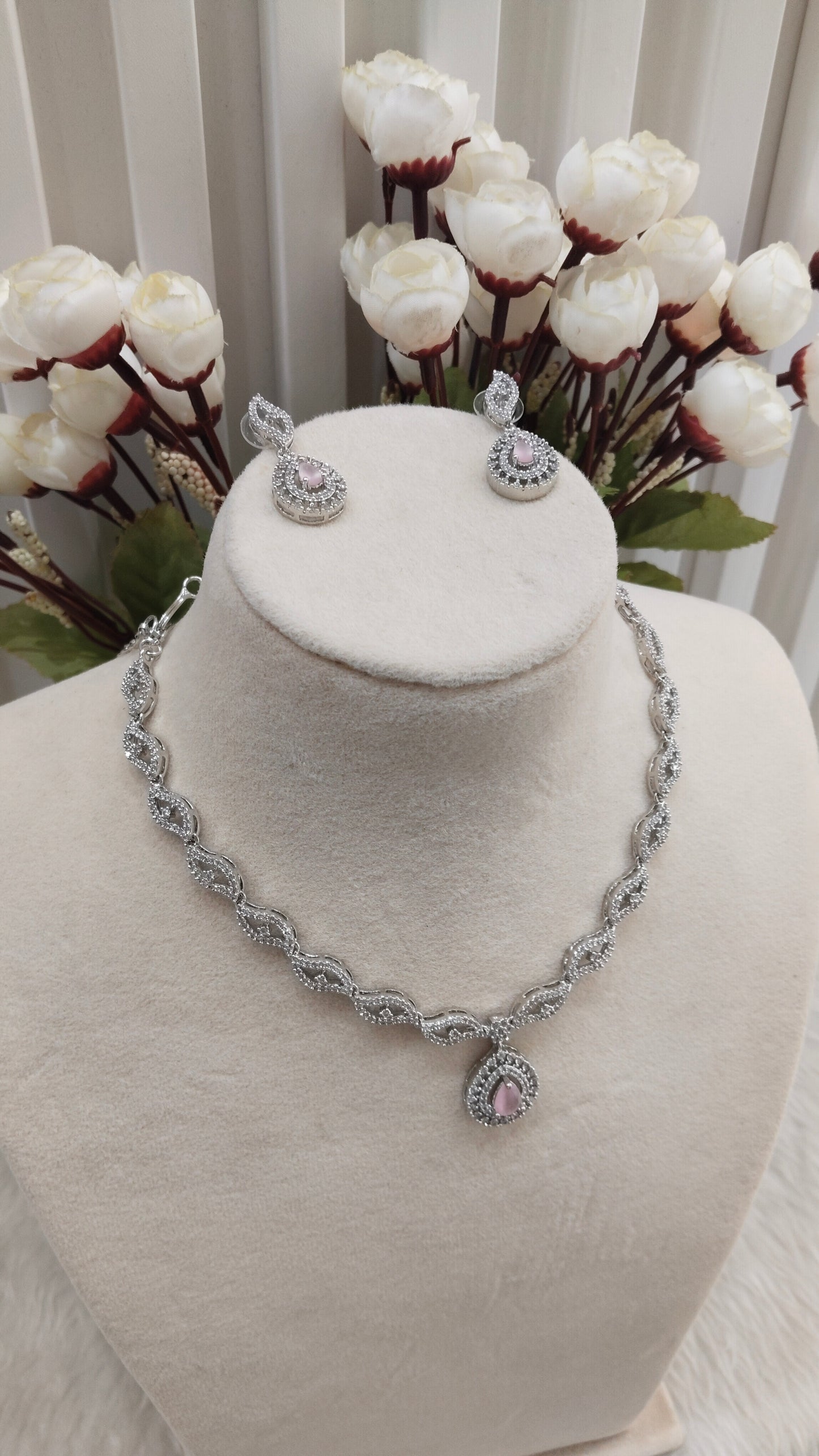 Pink Silver CZ Necklace Jewellery Malinga Set