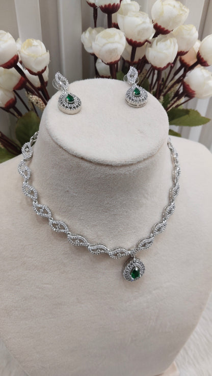 Green Silver CZ Necklace Jewellery Malinga Set
