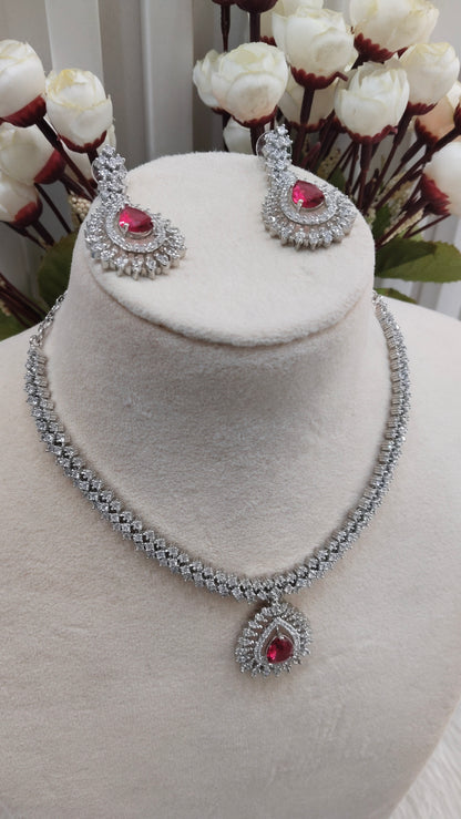 Ruby Silver CZ Necklace Jewellery Polard Set