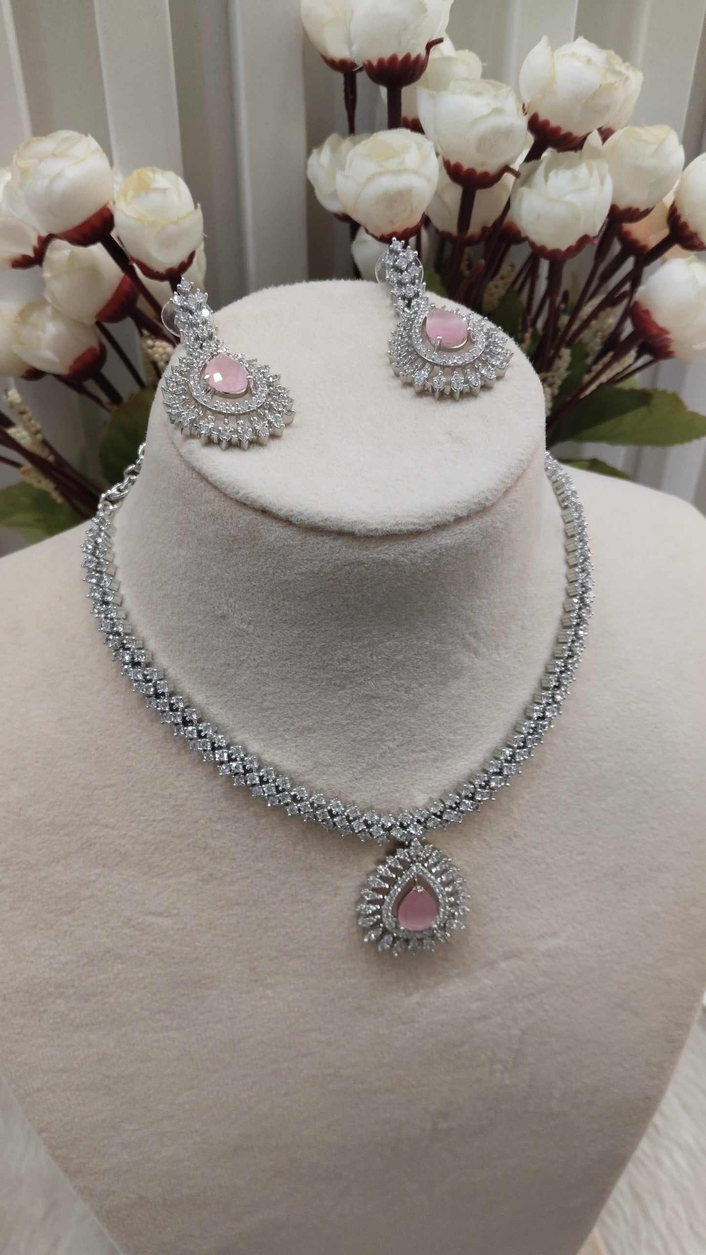 Pink Silver CZ Necklace Jewellery Polard Set