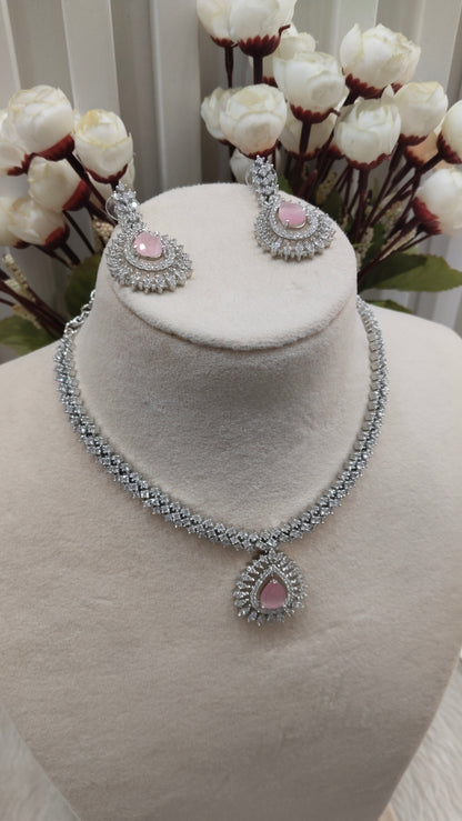 Pink Silver CZ Necklace Jewellery Polard Set