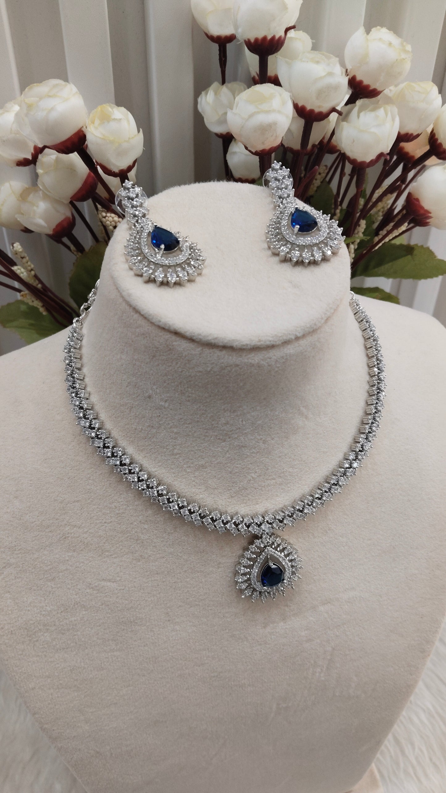 Blue Silver CZ Necklace Jewellery Polard Set