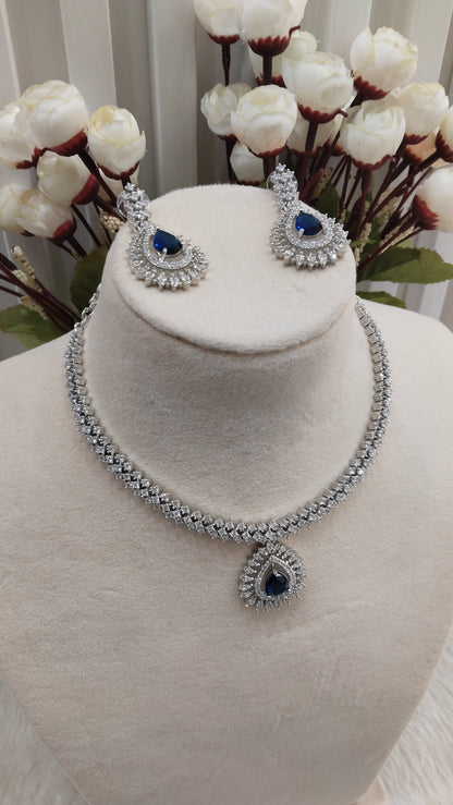 Blue Silver CZ Necklace Jewellery Polard Set