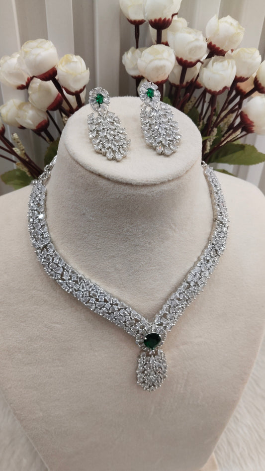 Green Silver CZ Necklace Jewellery Lasit Set
