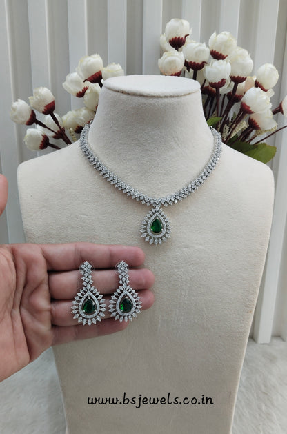 Green Silver CZ Necklace Jewellery Polard Set