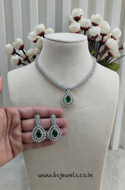 Green Silver CZ Necklace Jewellery Polard Set