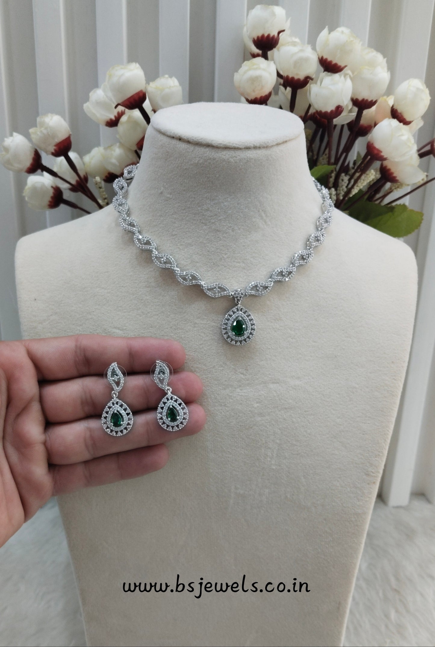 Green Silver CZ Necklace Jewellery Malinga Set