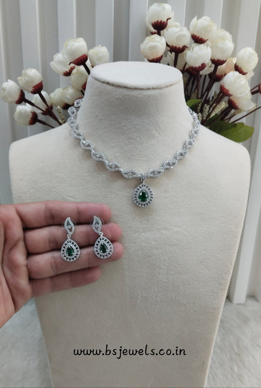 Green Silver CZ Necklace Jewellery Malinga Set