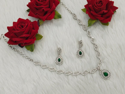 Green Silver CZ Necklace Jewellery Malinga Set